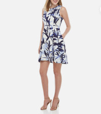 Vince Camuto Floral Printed Fit-&-Flare Dress Navy White Size 10 Brand New
