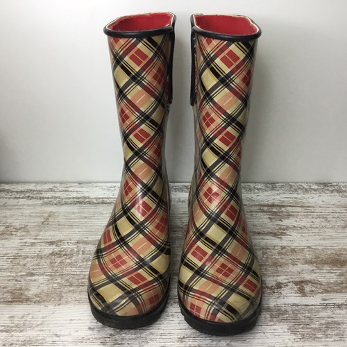 Sperry Topsider Plaid Rubber Rain Mid Calf Boots Size 9 Beige/Red/Black - Picture 4 of 8