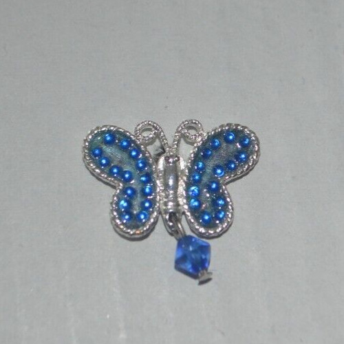 Silvertone Butterfly Pin with Blue Rhinestones Rubber Clutch Prong Closure