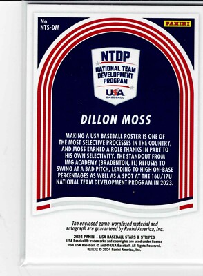 Dillon Moss 2024 USA Baseball Autograph/Game-Used Card