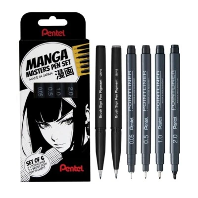 Pentel Arts Manga Masters Pointliner & Brush Sign Pen Set, Black/Grey (6 Pack)