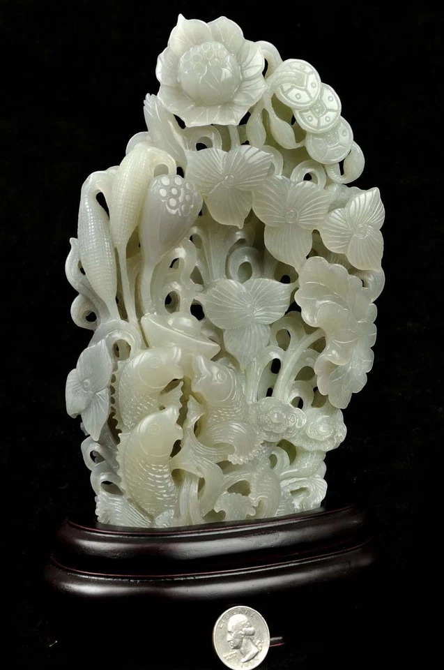 Estatua de nefrita hetiana natural jade koi pez y flor de loto escultura con certificado Foto 4 de 4