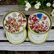 Handmade Herbal & Crystal Soy Candle Tin, 4oz Lavender, Vanilla, Organic Soy Wax