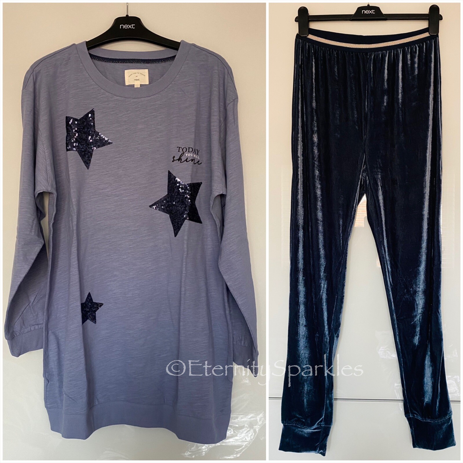 NEXT LADIES BLUE SEQUIN STARS TUNIC u0026 LEGGINGS PYJAMAS LOUNGEWEAR SET UK  10-14 | eBay
