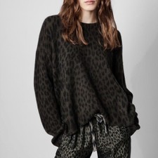 NWT 498 ZADIG  VOLTAIRE Markus Leopard Cashmere Sweater KHAKI SIZE XS