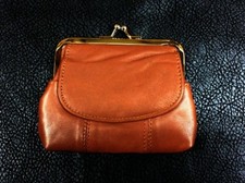 Leather Coin Purse 4" Metal Frame TAN Fashion lady's, Women  With 2 Pockets