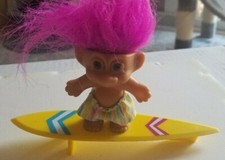Vintage 3" Russ Troll Doll on Surf Board with Pink Hair