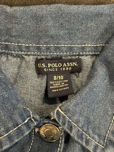 U.S. Polo Assn Denim Blue Jean Vest Button Pink Logo Collar Girls Size 8-10 - Picture 8 of 20