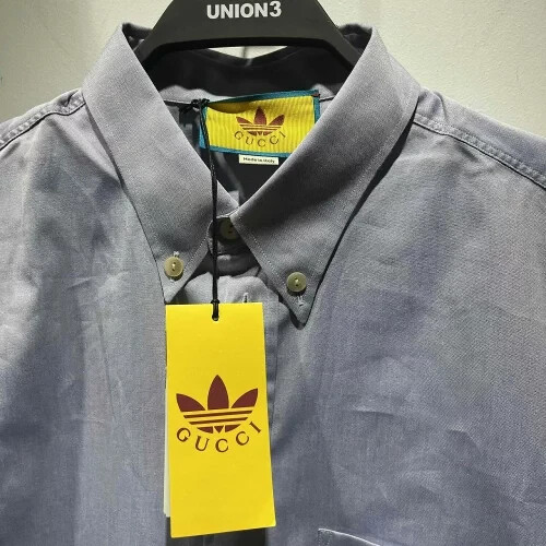 GUCCI X adidas 701360 OXFORD COTTON S/S SHIRT 48 Blue auth GUCCI X adidas 701360 OXFORD COTTON S/S SHIRT 48 Blue auth