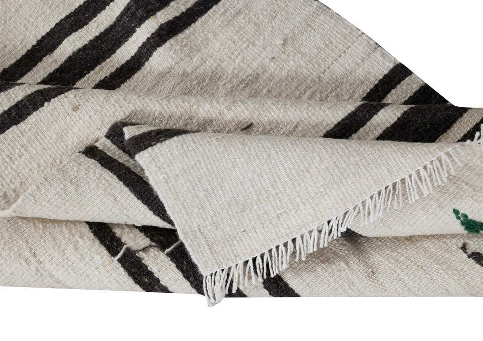 2x10 Ft Vintage Anatolian Narrow Kilim Runner in Cream with Dark Brown Stripes - Image 3 of 4