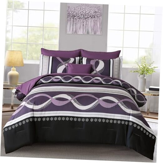 Comforter Set Size, 8 Pieces Bed in a Bag Patchwork Striped Queen Purple