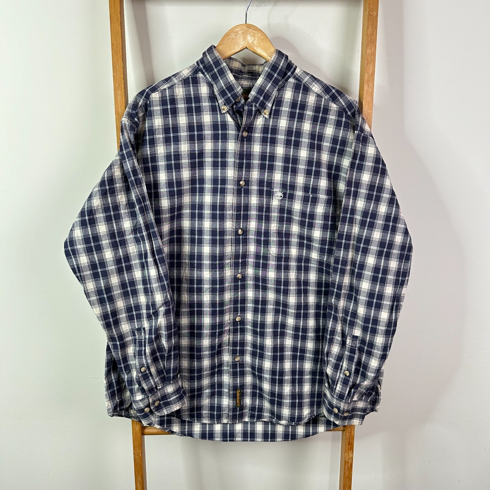 Timberland Button Down Shirt Mens Large Dark Blue Check Long Sleeve-image