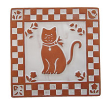 Vintage Terracota and White Checkered Cat Tile Trivet Hot Plate or Wall Decor