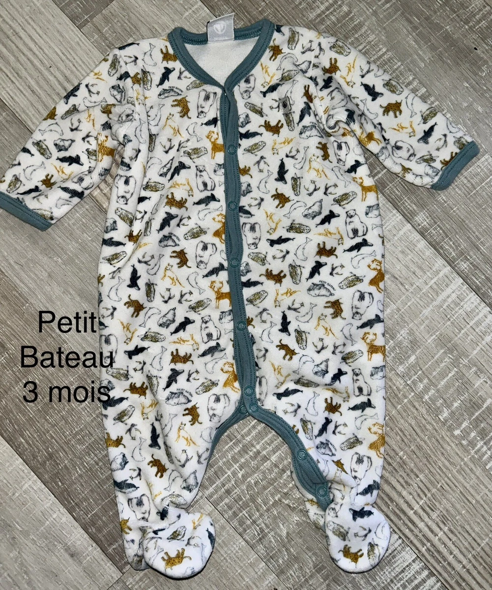 petit bateau 3 MOIS GARÇON : BABYGROS Pyjama Velours Gris Blanc TBE