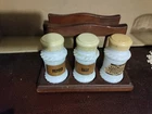 Vintage Wooden Napkin Caddy With Milk Glass Toothpick Salt & Pepper Shakers