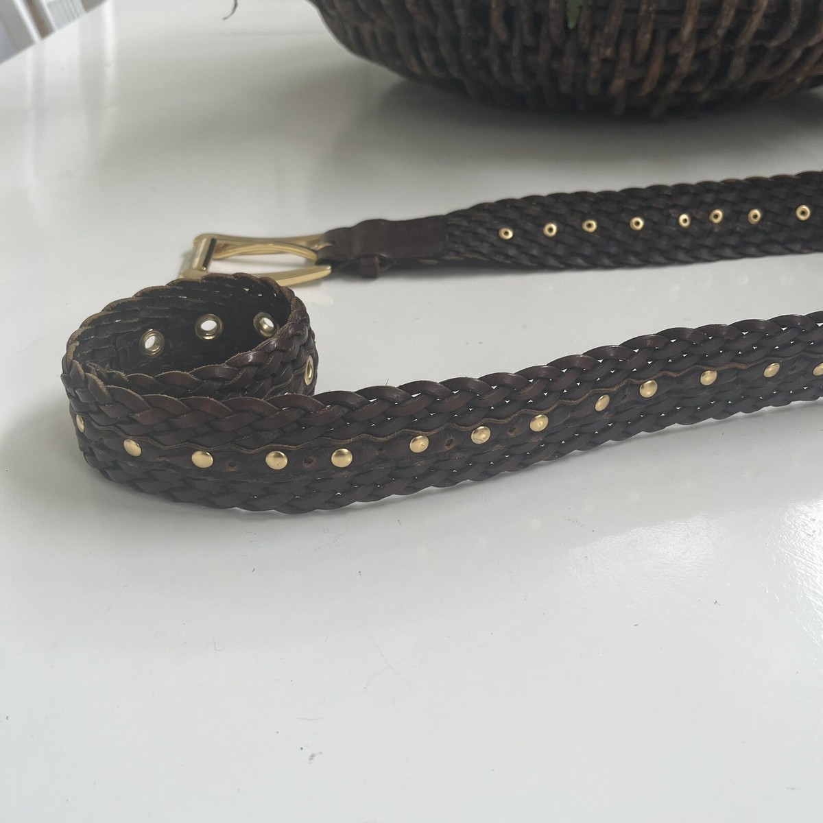 Michael Kors Belt Brown Leather Woven Braided Gold Tone 