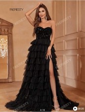 Black Sequin Mesh Hem Split Thigh Tube Prom Dress