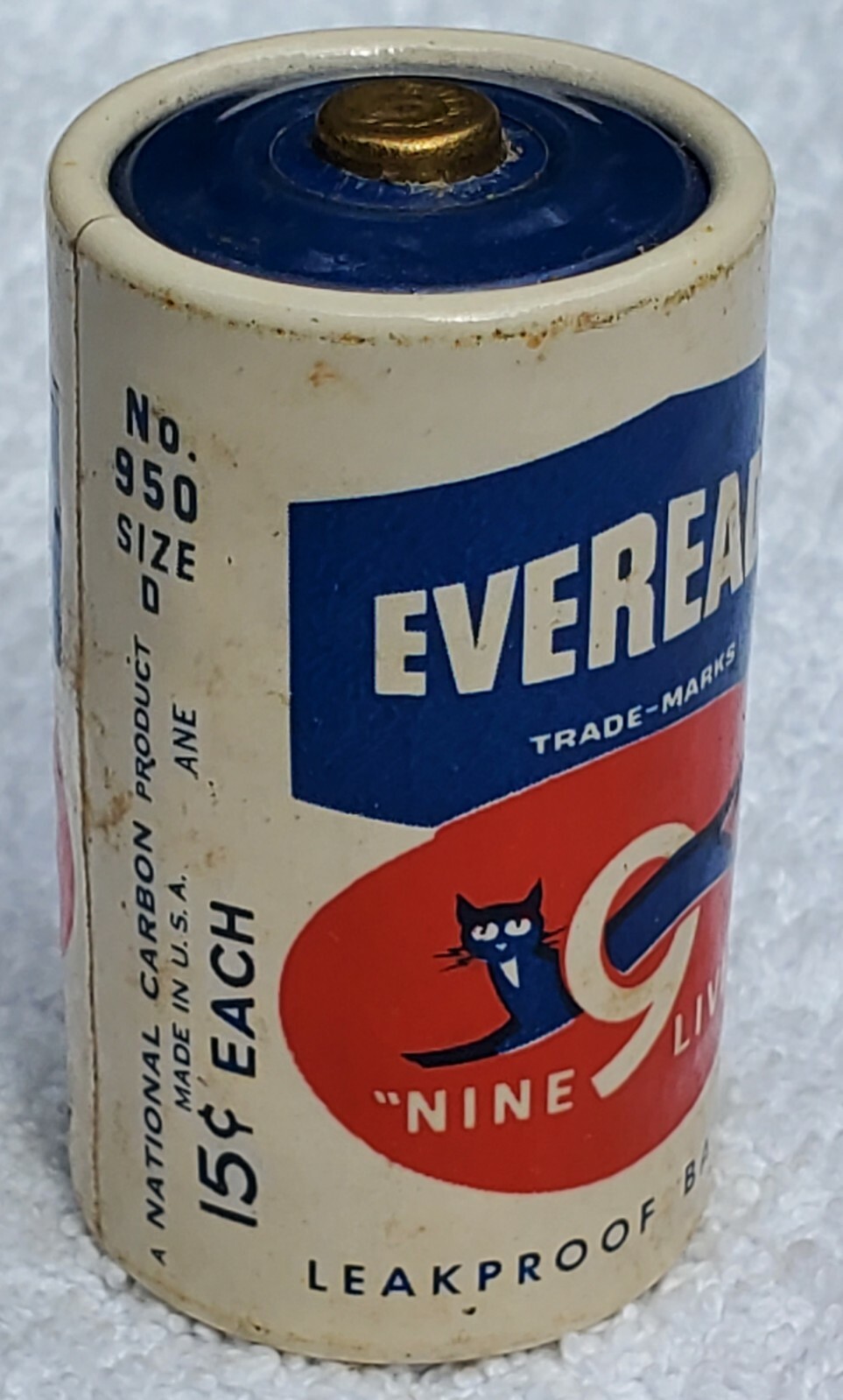 Vtg Eveready D Battery 1950's No. 950 Nine Lives Black Cat Electronics