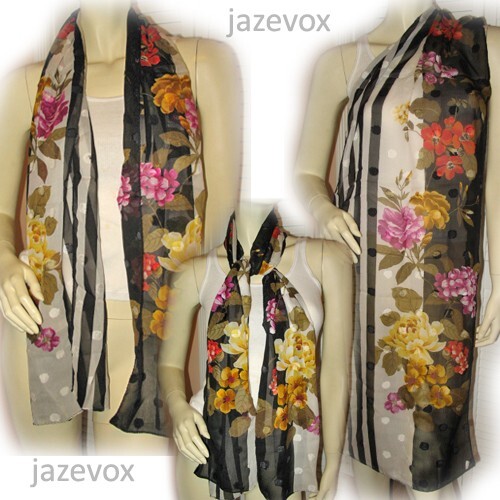 Vintage Y2K 90s Scarf Scarves Wrap 64inX16.5in Floral Print Striped Black White - Picture 1 of 7