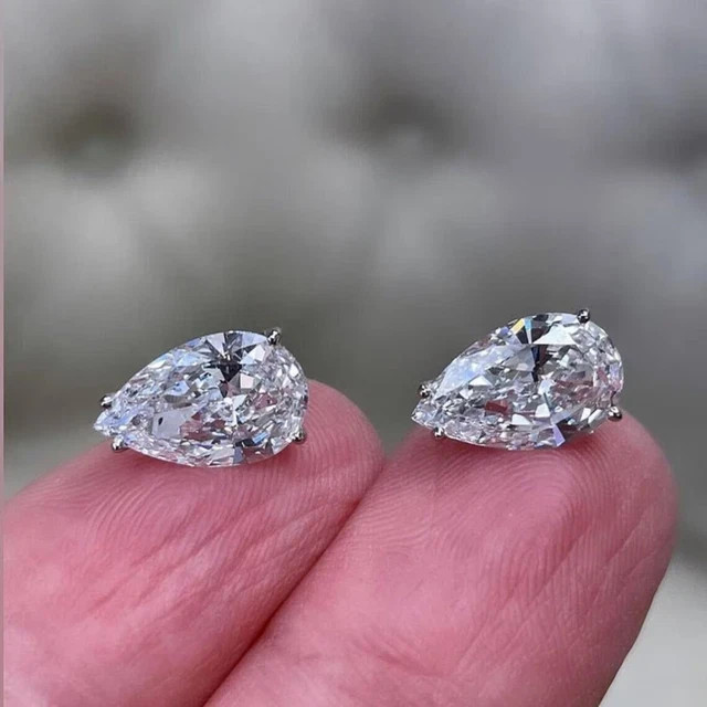 5mm Pear Cut Moissanite Push Back Solitaire Stud Earrings 14K White Gold Plated