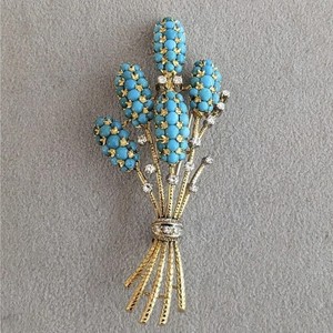 Authentic Turquoise and Diamond Clusters Brooch Pin in 18K Yellow Gold Plated 2.55" L