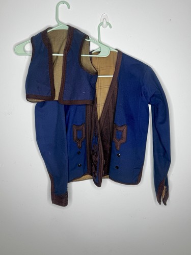 Antique 1800s Hungarian Folk Jacket Adult Size & Child Vest Blue Wool Set RARE