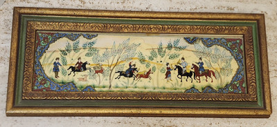 Vintage Middle Eastern Persian Gouache Handpainted on Bone Hunting Scene Framed