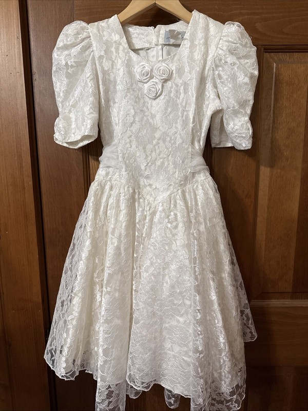 Vintage Lilia Dress Girls Small White Lace First Communion Flower Girl 80s Rose
