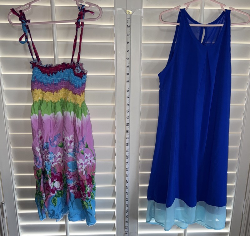 2 Dresses: Spaghetti straps- size 3+ yrs, Blue- size 10