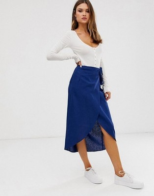 ASOS Cobalt Blue Linen Blend Wrap Midi Skirt High Low Tie Waist Women's Size 4