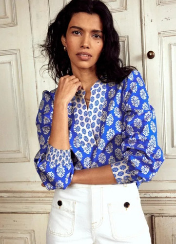 Boden Cotton Notch Neck Blouse Gallery Blue Smocked Blouson Sleeve US 8 UK 12