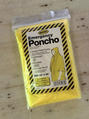 Mayday Emergency Poncho Hooded Lightweight Reusable Plastic Yellow 52 x 39