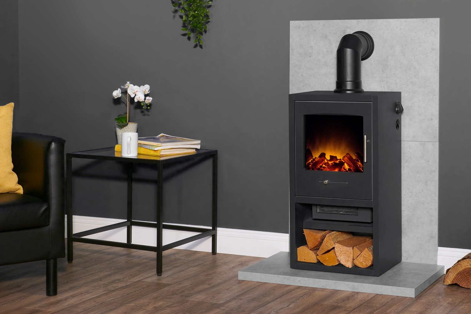 Acantha Tile & Hearth Set in Concrete Effect with Bergen XL Stove & Angled Pipe