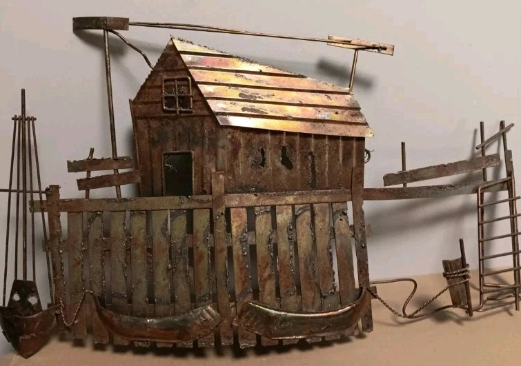 VTG 1970s Brutalist 3D Copper Torch Wall Art Pier Scene Rough Cut Decor