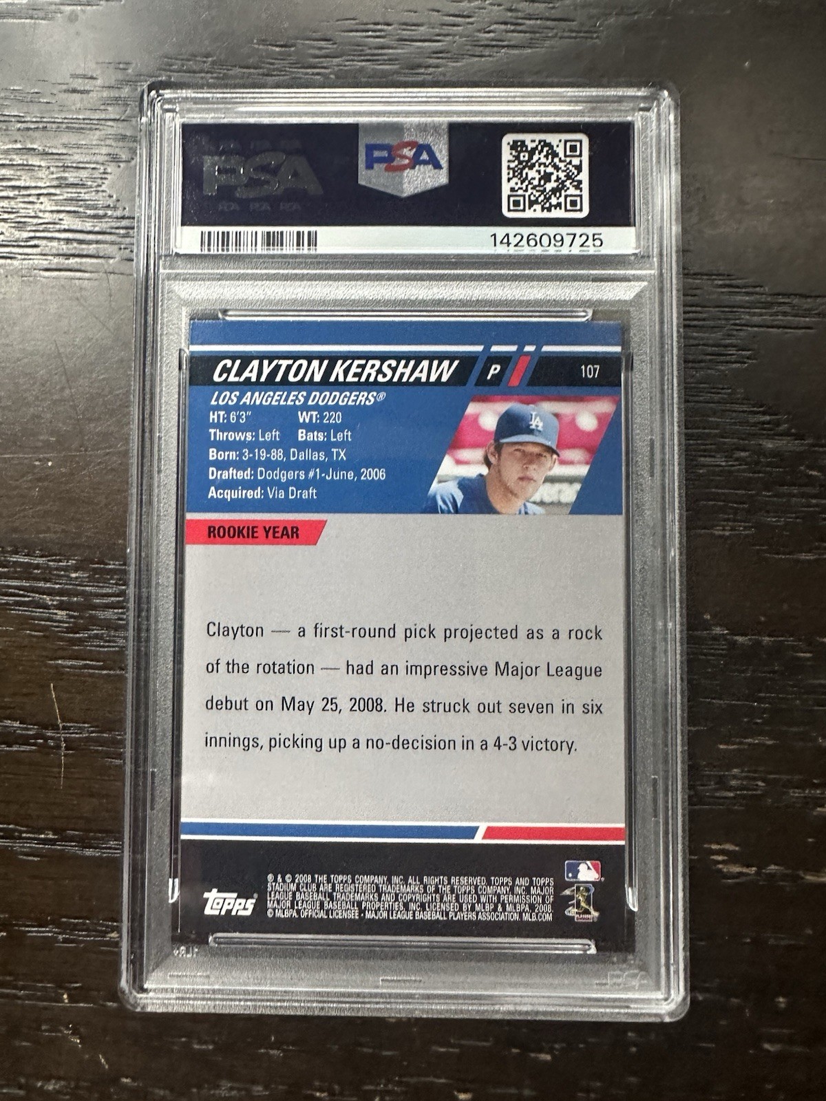 2008 Stadium Club #107 Clayton Kershaw PSA 8 view 4