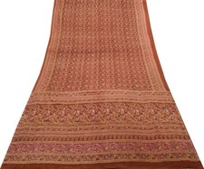 Sushila Vintage Brown Saree 100 Pure Silk Printed Floral 5 YD Soft Craft Fabric