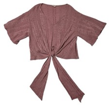 Paper Moon Tie Front Crop Top Women's Large Pink Ribbed Short Sleeve Made in USA