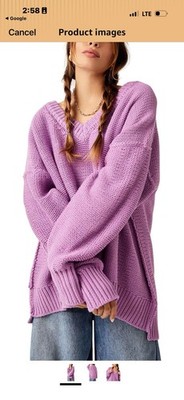 Free People Alli V-Neck Sweater for Women Size M Ribbed Trim Iris Orchid