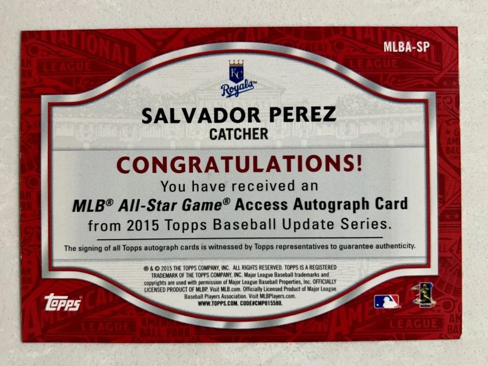 Actualización Topps 2015 Salvador Pérez All Star Access ¡SSP automático! /25 KC Royals! 🔥 Foto 2 de 2