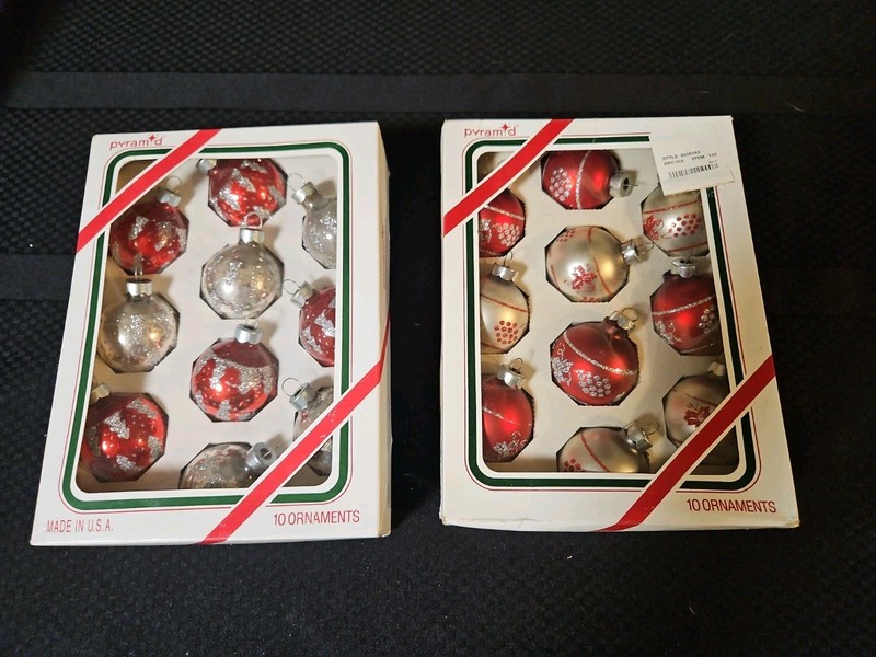 2- Boxes Vintage Pyramid Christmas Ornaments 2" Glass Balls Silver/ Red