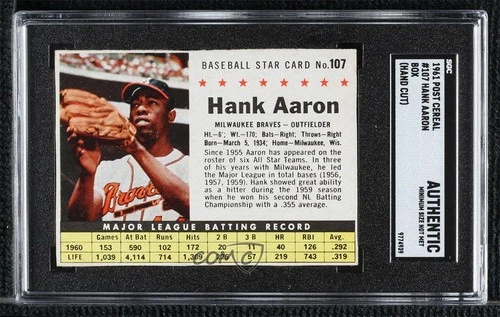 1961 Post Hank Aaron (Hand Cut) #107 SGC Authentic MinSize Not Met HOF