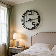 Black Grid Frame Wall Clock Oversized 5, Cutout 12 & Textual 'Three' Numeral