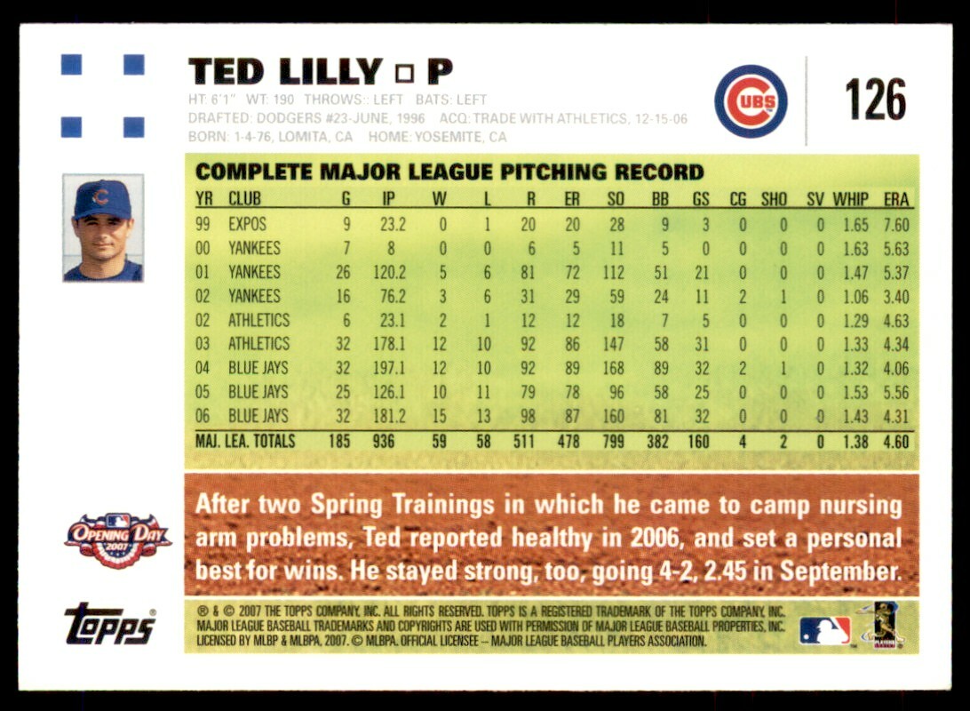 2007 Topps Opening Day Ted Lilly Chicago Cubs #126 | eBay
