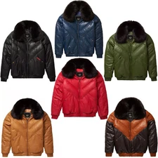 Men's V-Bomber Leather Puffer Jacket with Fox Fur, Goose Down, and Lambskin Zipp