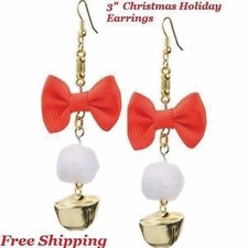3" Christmas Holiday Earrings red bows  gold jingle bells Free Shipping