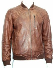 Blouson homme cuir agneau marron bombardier motard vieilli ancien vintage coat