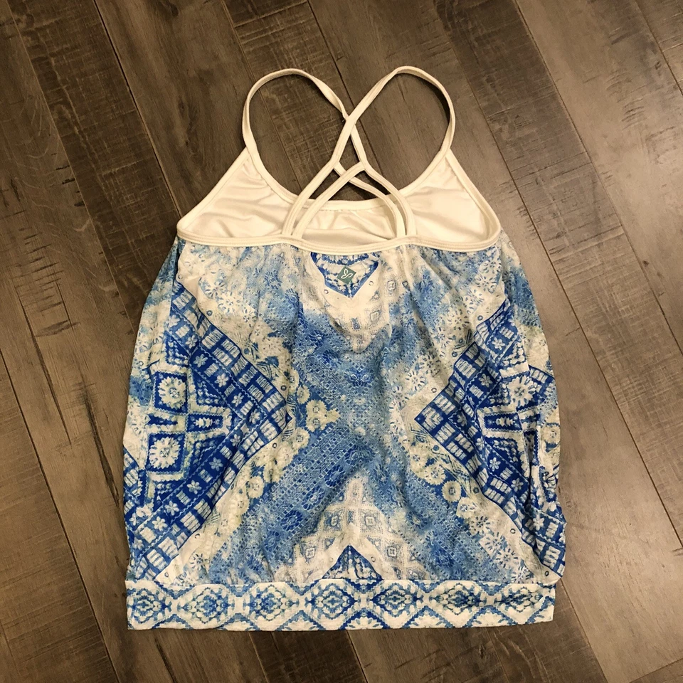 Camiseta sin mangas Prana Meadow XS Tank Cove azul blanco estampado con tiras  Foto 3 de 4