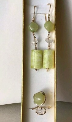 Green Jasper Simulated Stone Earrings & Adj. Ring Gold Tone Jewelry In Box