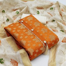 Women Jacquard Button  WovenWork Kurti salwar with Chanderi Duppta 2.10m Orange