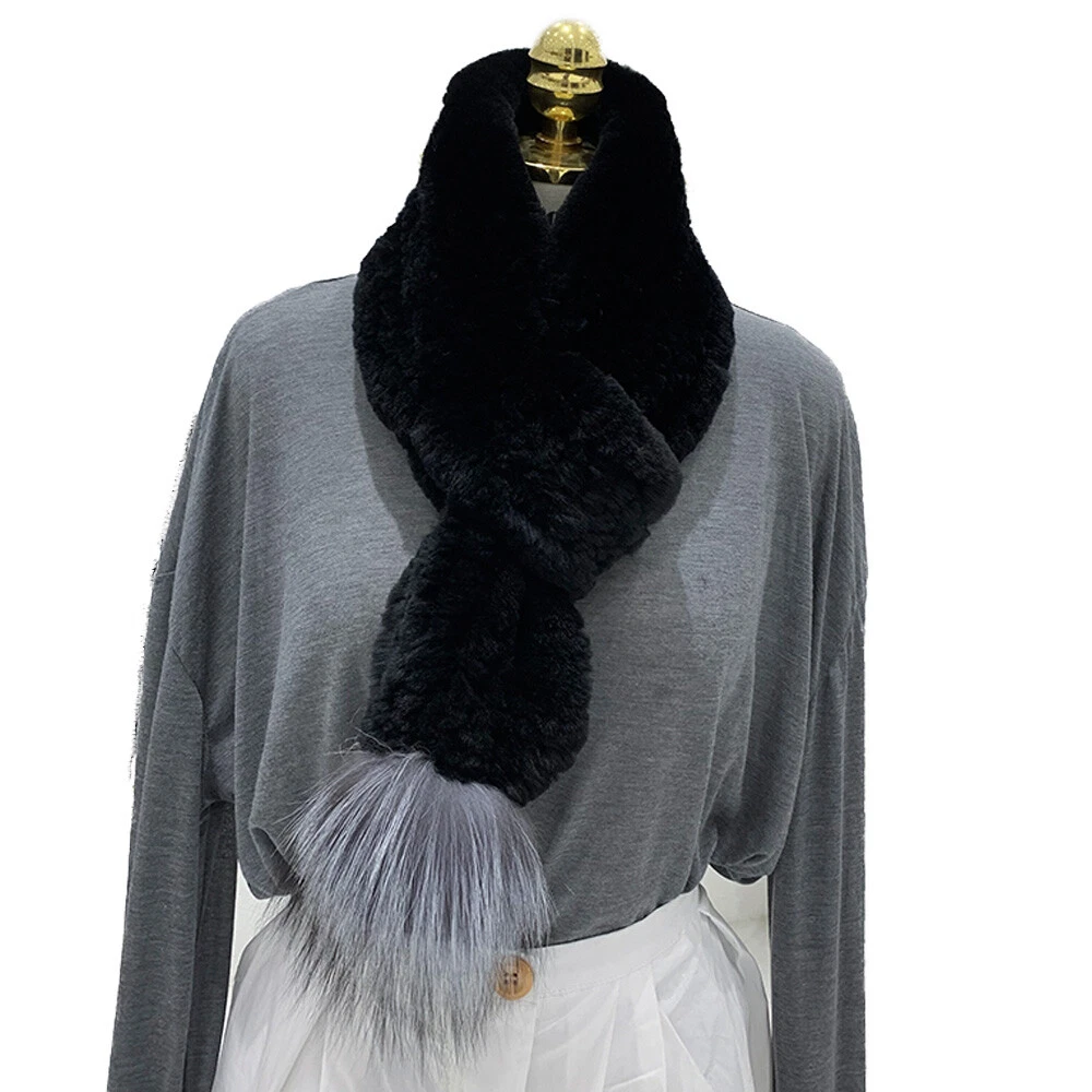 Real Rex Rabbit Fur Scarf Winter Warm Neckerchief Fox Fur Pom pom Fluffy Soft